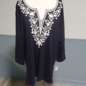 Talbots Dark Blue Tunic with White Embroidery